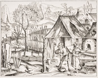 Bauern, die Getreide anbauen und Gersten- und Haferbrot herstellen, nach einem Holzschnitt aus einer Ausgabe von Vergil, veröffentlicht in Lyon, 1517, aus 
